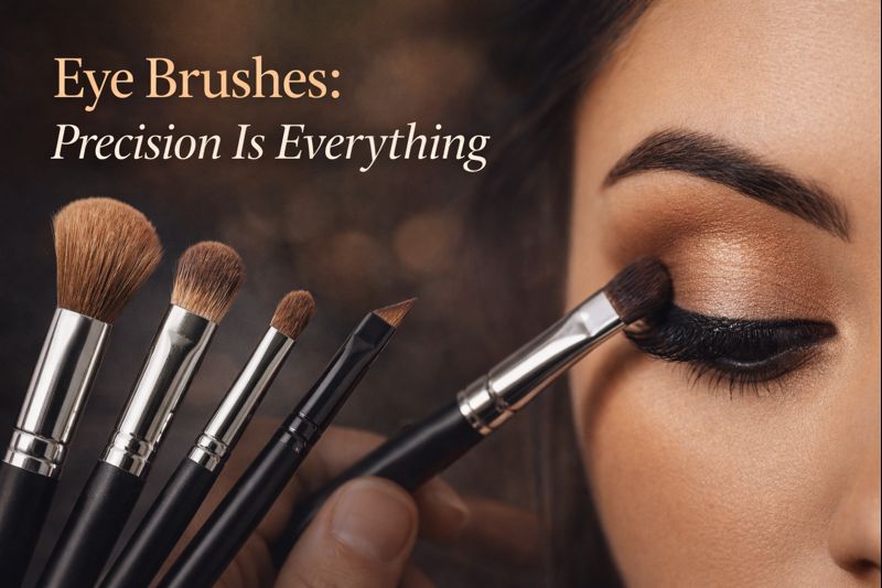 Professional eye makeup brushes including blending, flat shader, pencil and angled brushes used for bridal and party makeup