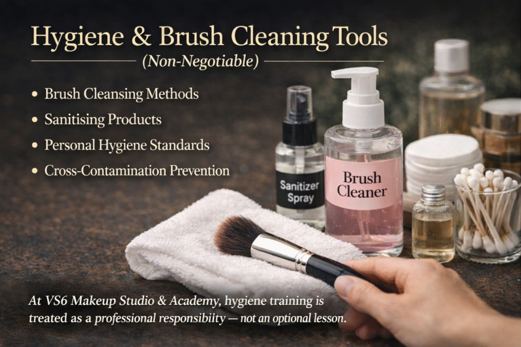 Professional makeup brush cleaning and hygiene training at VS6 Makeup Studio & Academy Bangalore