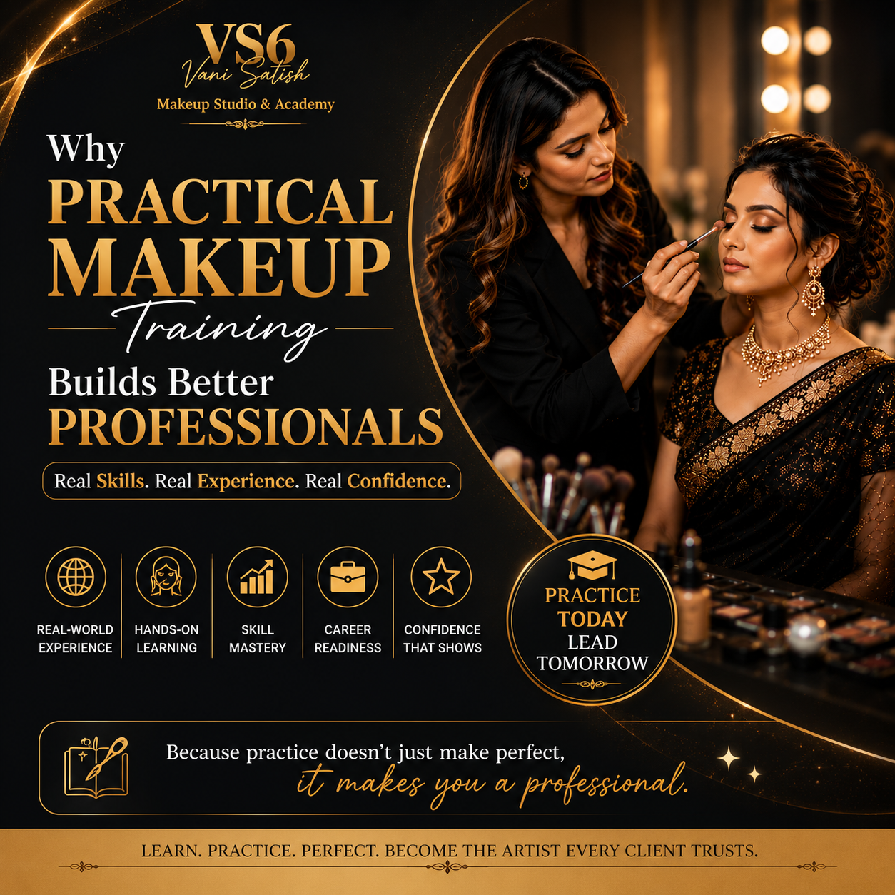 South Indian bridal HD makeup transformation with international CCS certification seals from VS6 Academy.