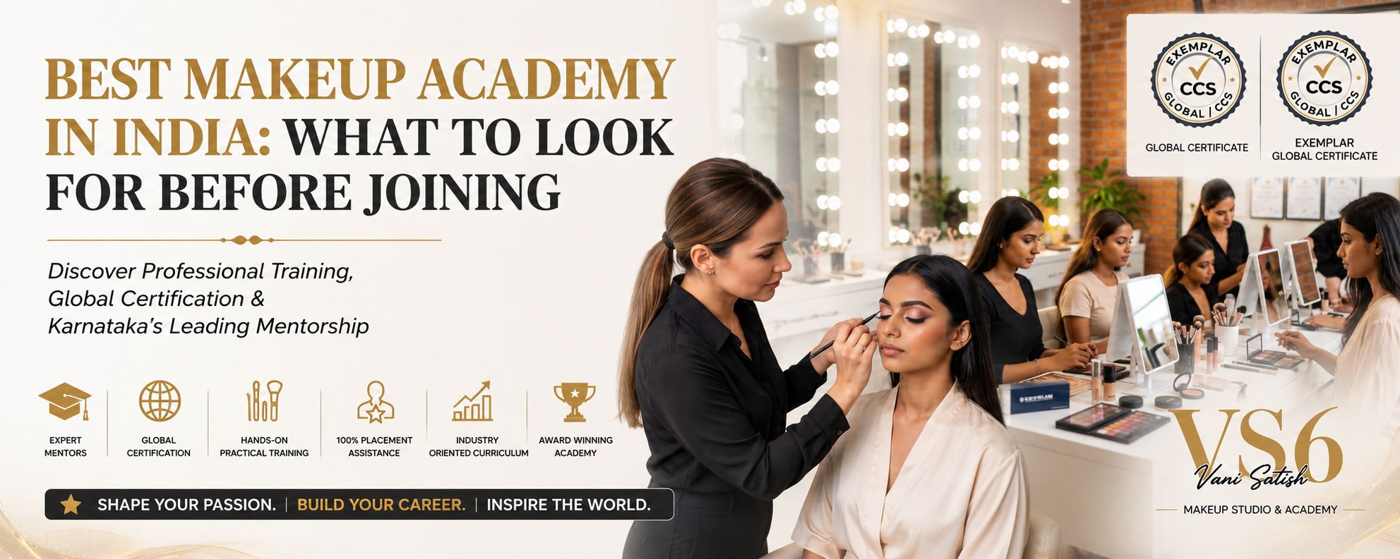 Students practicing professional makeup training on live models at VS6 Makeup Studio & Academy Bangalore India.