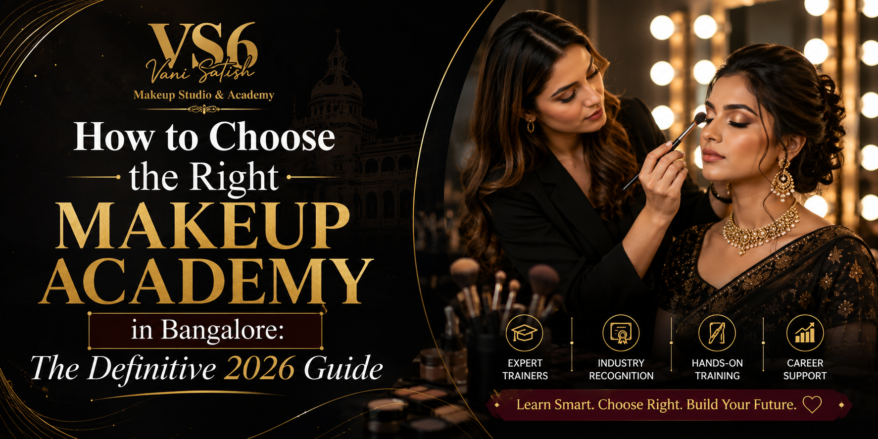 Infographic checklist comparing standard training centers versus elite professional makeup academies in Bangalore.