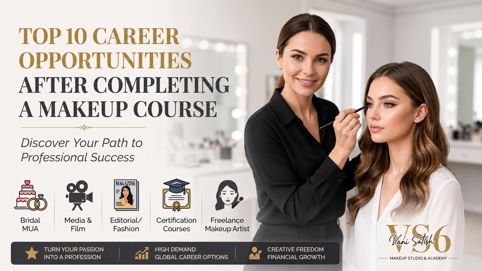 Professional makeup artist applying eyeliner to client in studio - Top 10 career opportunities after a makeup course by VS6 Academy.