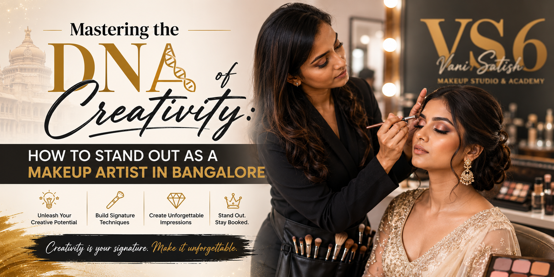A student creatively mapping out an avant-garde editorial eye look during a professional makeup course at VS6 Academy in Bangalore.