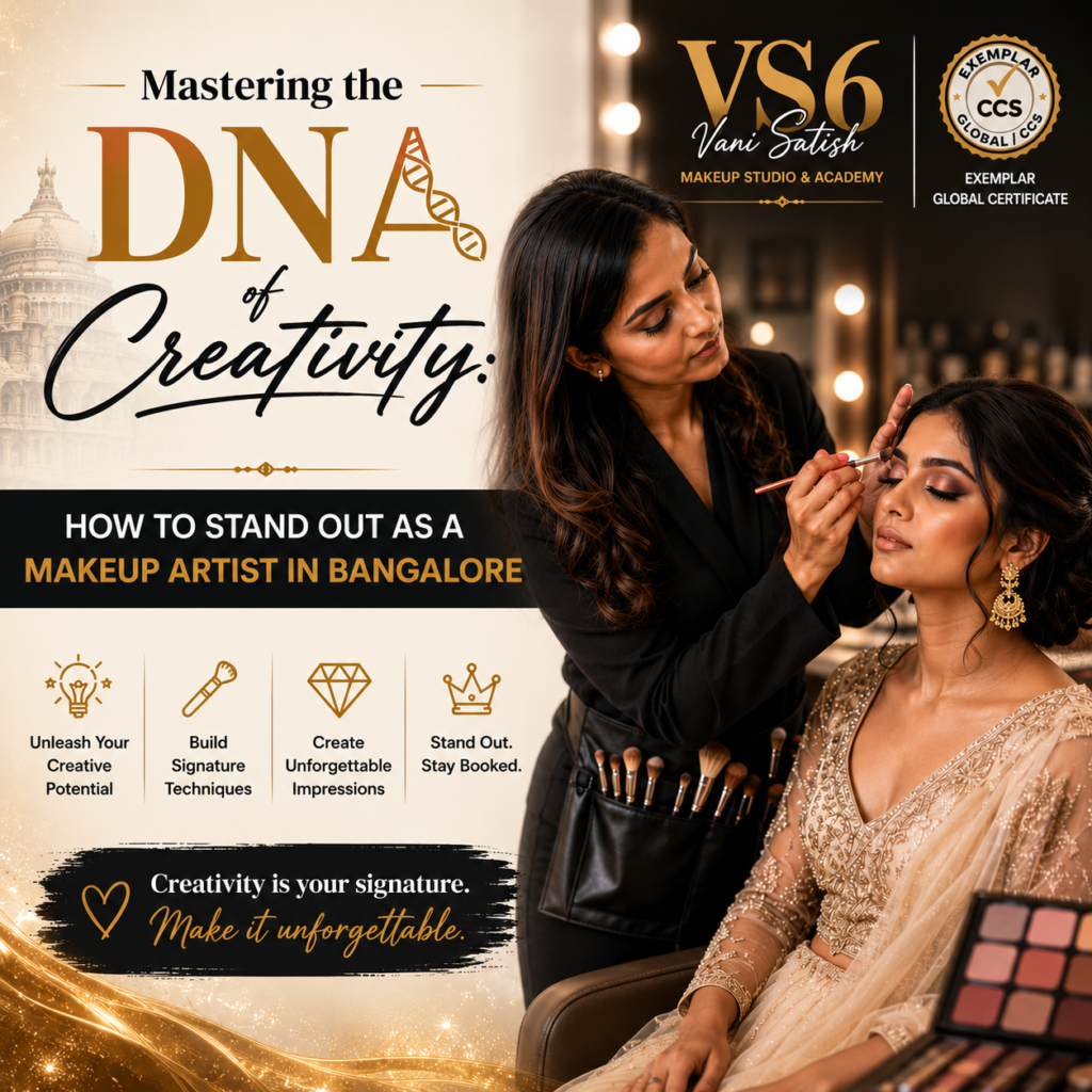 A student creatively mapping out an avant-garde editorial eye look during a professional makeup course at VS6 Academy in Bangalore.