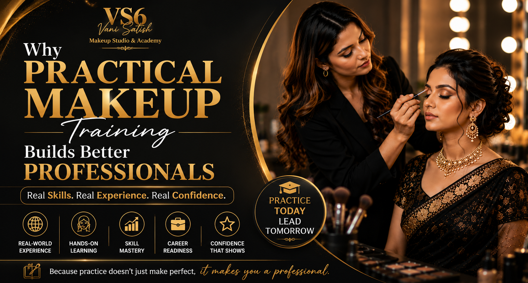 Master instructor Vani Satish guiding a student during live bridal makeup practicals at VS6 Academy Bangalore.